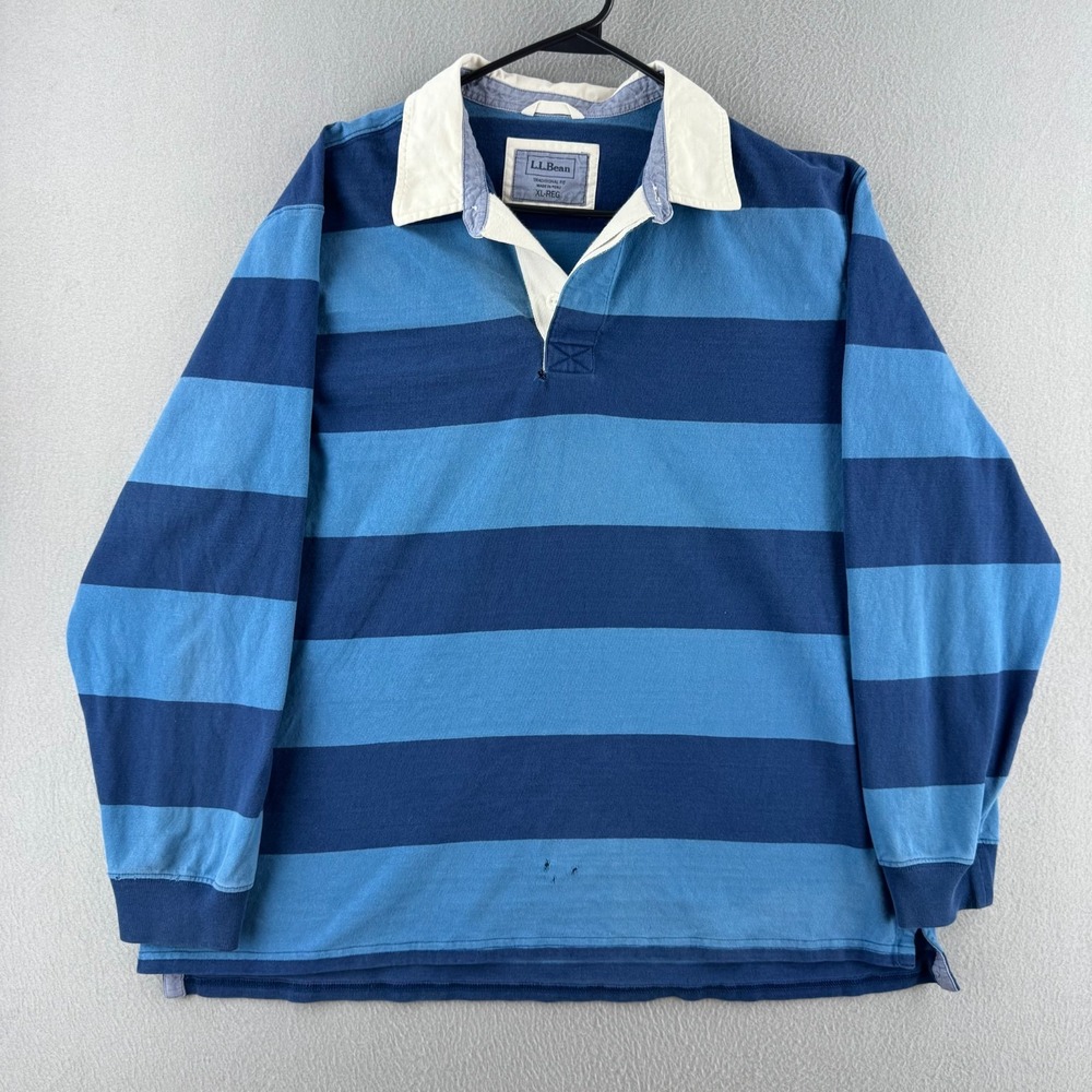 LL Bean Rugby Shirt Mens XL Blue Heavy Cotton Long Sleeve Polo Y2K